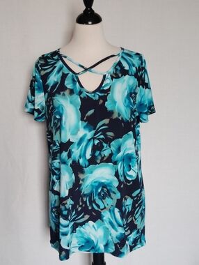 Sew In Love Turquoise Black Roses Women's Tunic Criss-Cross Neckline ~ Size Medi